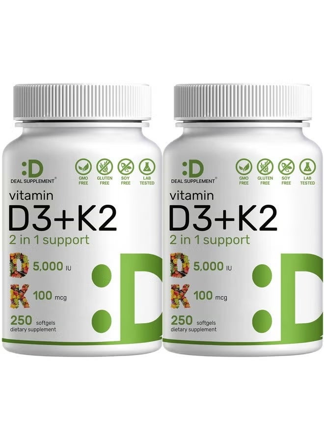 DEAL SUPPLEMENT 2 Pack Vitamin D3 K2 Softgel, 360 Counts, 2-1 Complex, Vitamin D3 5000 IU & Vitamin K2 MK7, Promotes Heart, Bone & Teeth Health - Very Easy to Swallow - Image 1