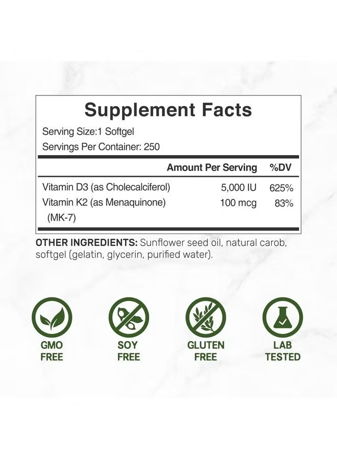 DEAL SUPPLEMENT 2 Pack Vitamin D3 K2 Softgel, 360 Counts, 2-1 Complex, Vitamin D3 5000 IU & Vitamin K2 MK7, Promotes Heart, Bone & Teeth Health - Very Easy to Swallow - Image 2