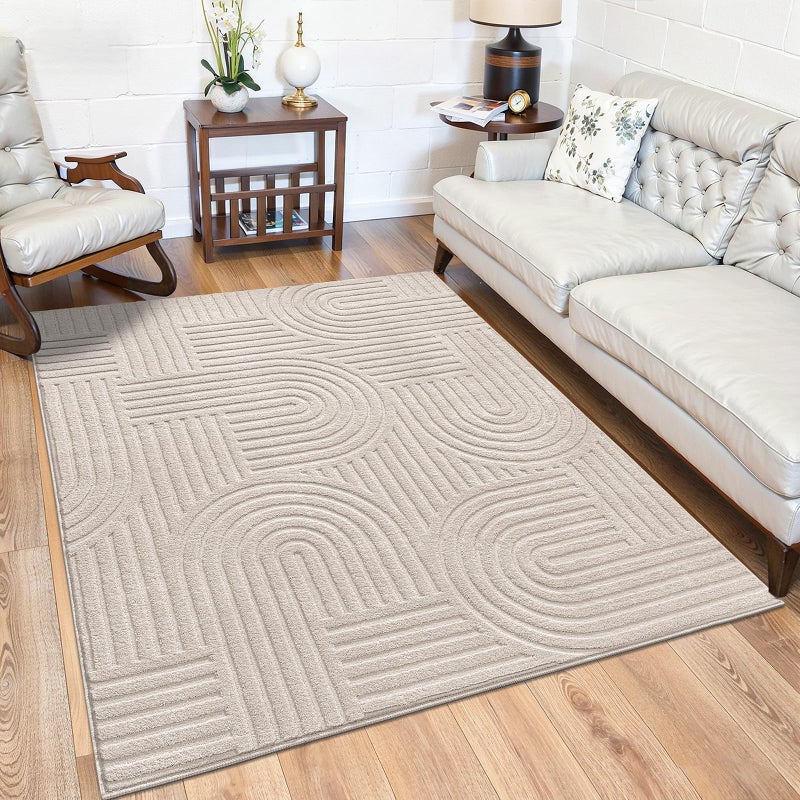 SHACOS Soft Fluffy Arch Pattern Area Rug 2'7"x5' Non Slip Washable Minimalist Modern High-Low Geometric Carpet for Living Room Kitchen Bedroom Bathroom, Beige - Image 1
