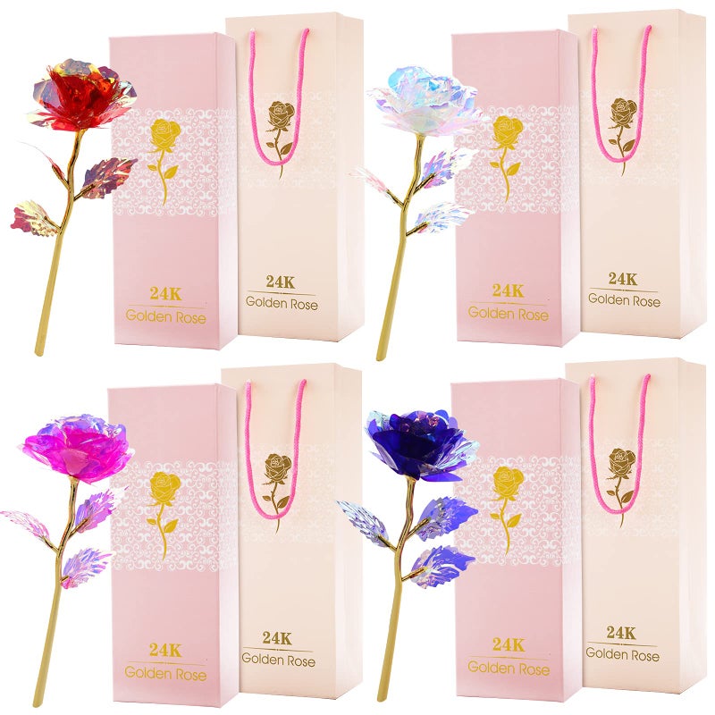 Hedume Set of 4 Rose Flower Present Golden Foil with Luxury Gift Box 24K Colorful Rose Artificial Flower Great Gift for Valentines Day Mothers Day Thanksgiving Day Birthday Anniversary
