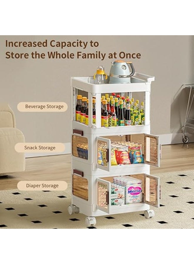 عربة تخزين متعددة الاستخدامات بثلاثة أرفف وعجلات، مزودة بدرج، وصناديق تخزين بلاستيكية بأغطية، ومنظم تخزين متعدد الوظائف مع رف بلاستيكي وعجلات، مناسبة للمطبخ والحمام وغرفة المعيشة، لون أبيض - Image 4