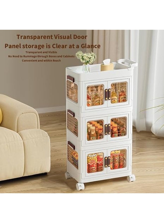 عربة تخزين متعددة الاستخدامات بثلاثة أرفف وعجلات، مزودة بدرج، وصناديق تخزين بلاستيكية بأغطية، ومنظم تخزين متعدد الوظائف مع رف بلاستيكي وعجلات، مناسبة للمطبخ والحمام وغرفة المعيشة، لون أبيض - Image 5