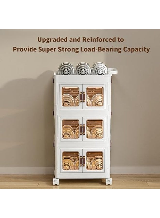 عربة تخزين متعددة الاستخدامات بثلاثة أرفف وعجلات، مزودة بدرج، وصناديق تخزين بلاستيكية بأغطية، ومنظم تخزين متعدد الوظائف مع رف بلاستيكي وعجلات، مناسبة للمطبخ والحمام وغرفة المعيشة، لون أبيض - Image 1