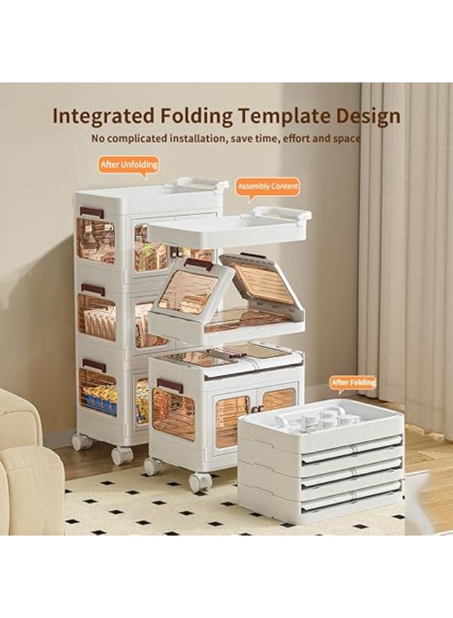 عربة تخزين متعددة الاستخدامات بثلاثة أرفف وعجلات، مزودة بدرج، وصناديق تخزين بلاستيكية بأغطية، ومنظم تخزين متعدد الوظائف مع رف بلاستيكي وعجلات، مناسبة للمطبخ والحمام وغرفة المعيشة، لون أبيض - Image 3