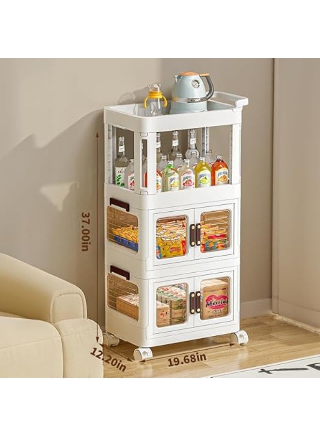 عربة تخزين متعددة الاستخدامات بثلاثة أرفف وعجلات، مزودة بدرج، وصناديق تخزين بلاستيكية بأغطية، ومنظم تخزين متعدد الوظائف مع رف بلاستيكي وعجلات، مناسبة للمطبخ والحمام وغرفة المعيشة، لون أبيض - Image 2