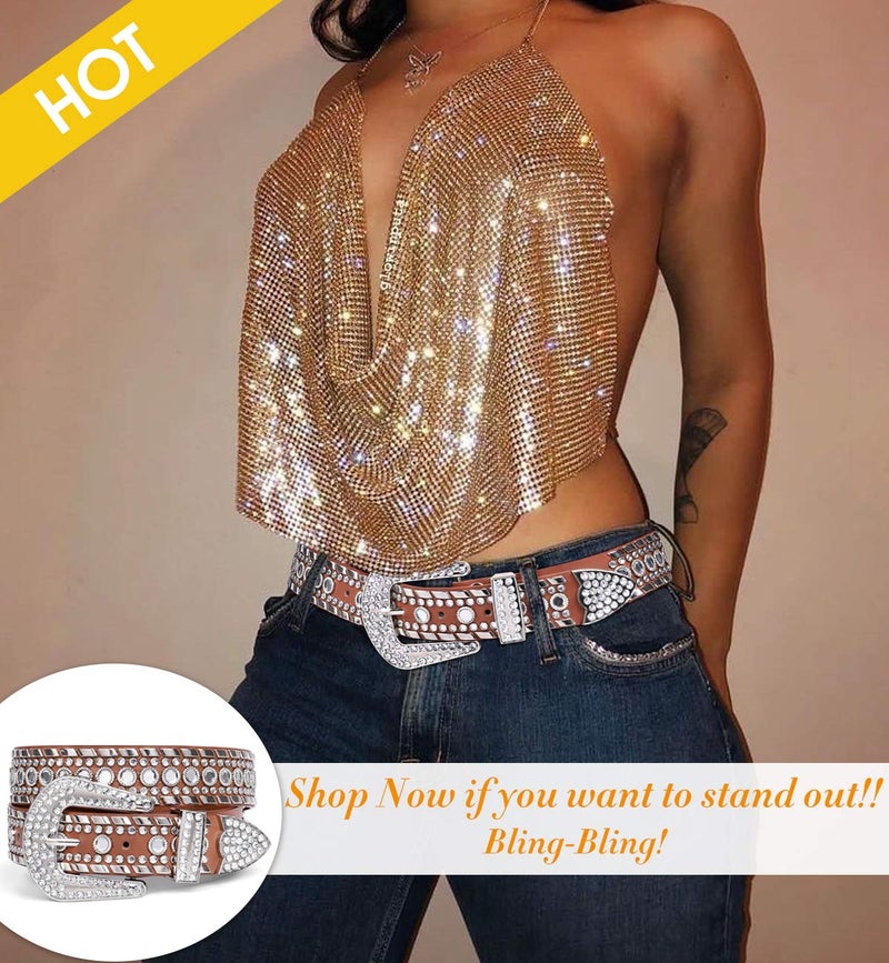 SUOSDEY Rhinestone Belt for Men Women Western Cowboy Cowgirl Bling Studded Leather Belt for Jeans Pants,Brown,M - Image 2