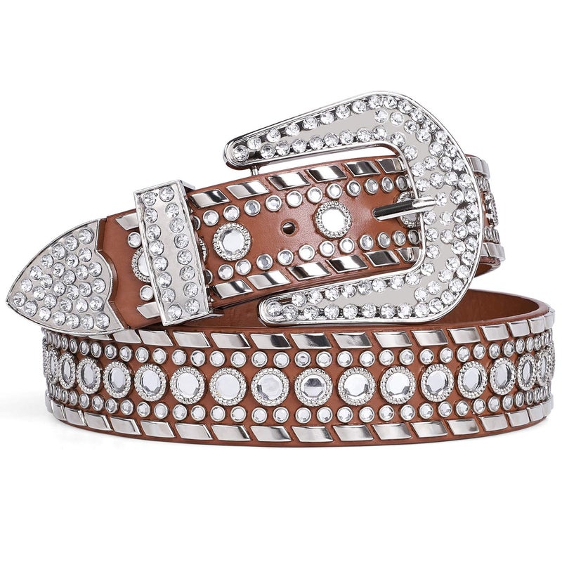 SUOSDEY Rhinestone Belt for Men Women Western Cowboy Cowgirl Bling Studded Leather Belt for Jeans Pants,Brown,M - Image 1