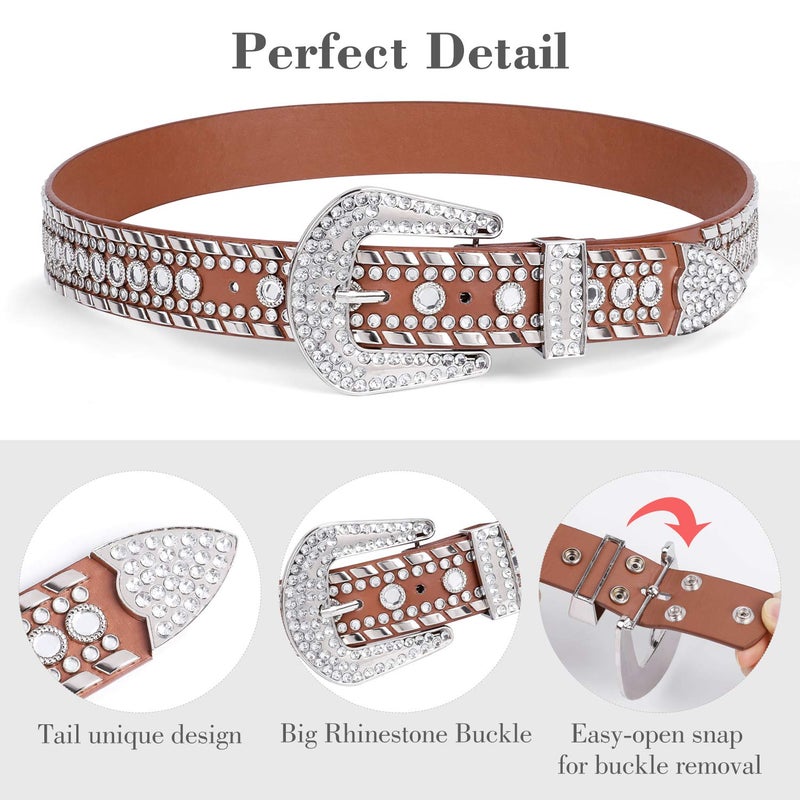 SUOSDEY Rhinestone Belt for Men Women Western Cowboy Cowgirl Bling Studded Leather Belt for Jeans Pants,Brown,M - Image 3