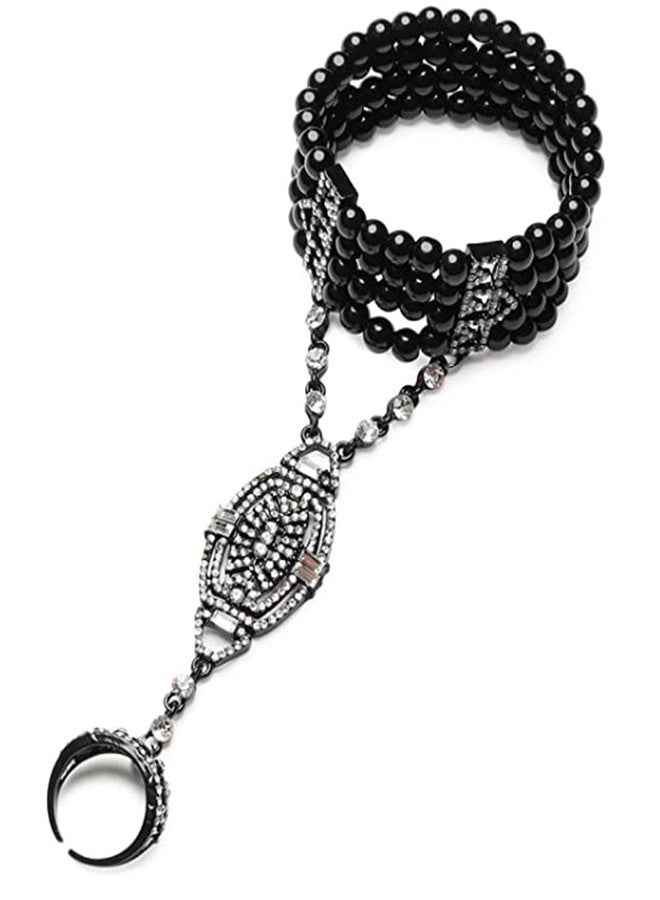 Asphire Vintage Pearl Bracelet with Finger Ring 1920s Flapper Pearl Hand Harness Great Gatsby Rhinestone Slave Bracelet Prom Party Festival Accessories for Women (Black), One Size - Image 2