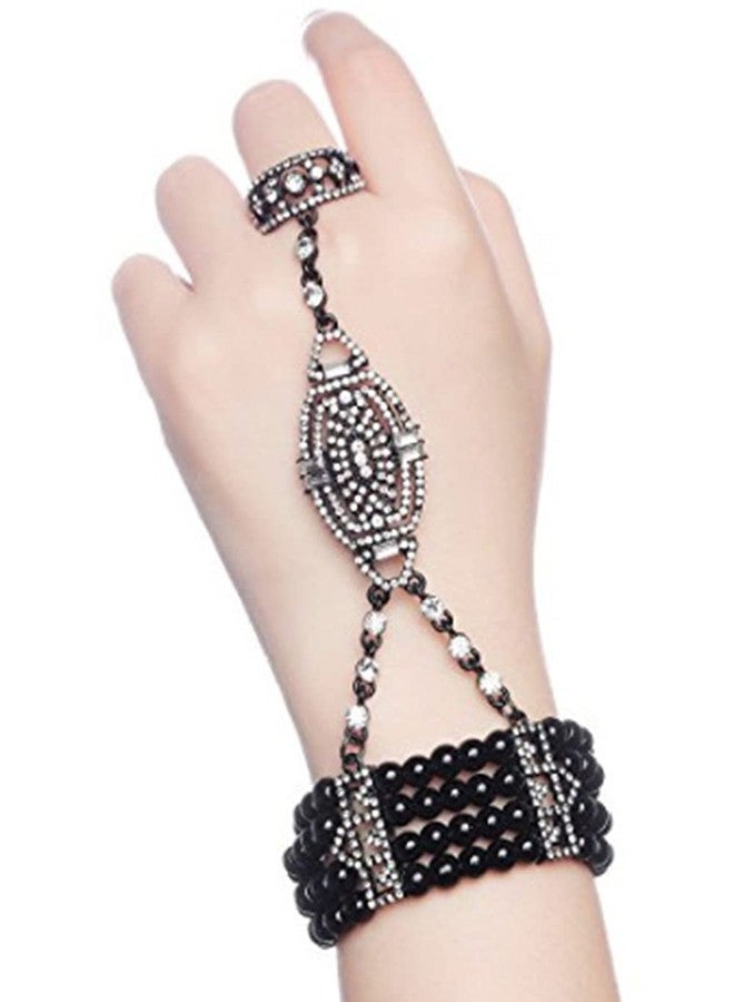 Asphire Vintage Pearl Bracelet with Finger Ring 1920s Flapper Pearl Hand Harness Great Gatsby Rhinestone Slave Bracelet Prom Party Festival Accessories for Women (Black), One Size - Image 1