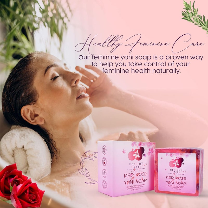 Healthy Herbs Yoni Soap Feminine Wash Bar 35 oz for Women Ph Balance Feminine Wash Eliminates Odor 100 Natural Organic Herbs Handmade Yoni Wash Deodorants Care Soap with Natural ingredients Red Rose - Image 2