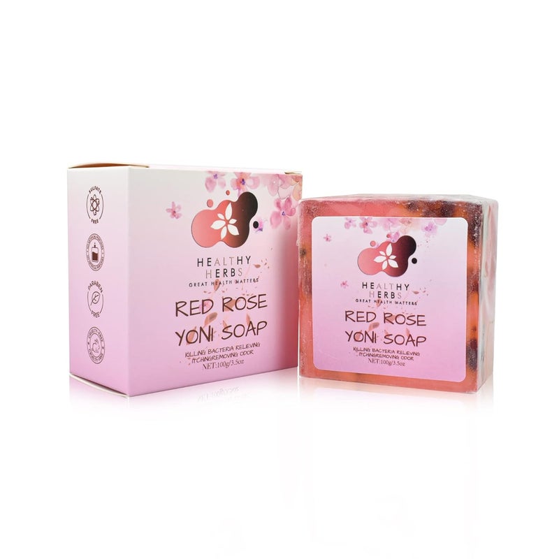 Healthy Herbs Yoni Soap Feminine Wash Bar 35 oz for Women Ph Balance Feminine Wash Eliminates Odor 100 Natural Organic Herbs Handmade Yoni Wash Deodorants Care Soap with Natural ingredients Red Rose - Image 1