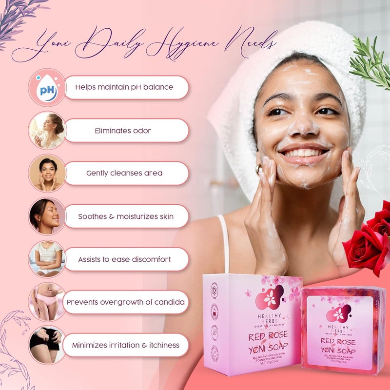 Healthy Herbs Yoni Soap Feminine Wash Bar 35 oz for Women Ph Balance Feminine Wash Eliminates Odor 100 Natural Organic Herbs Handmade Yoni Wash Deodorants Care Soap with Natural ingredients Red Rose - Image 4