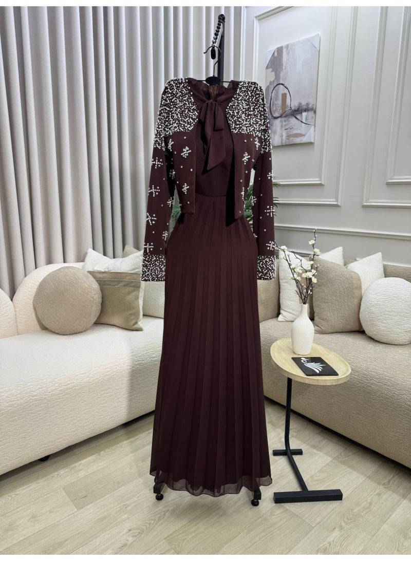 Cutie Women's 2-Piece Pleated Maxi Evening Dress with Pearl-Embellished Bolero Jacket and Tie-Neck - Maroon - Image 1