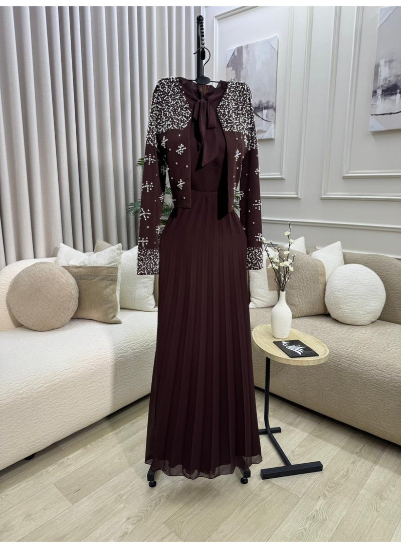 Cutie Women's 2-Piece Pleated Maxi Evening Dress with Pearl-Embellished Bolero Jacket and Tie-Neck - Maroon - Image 2