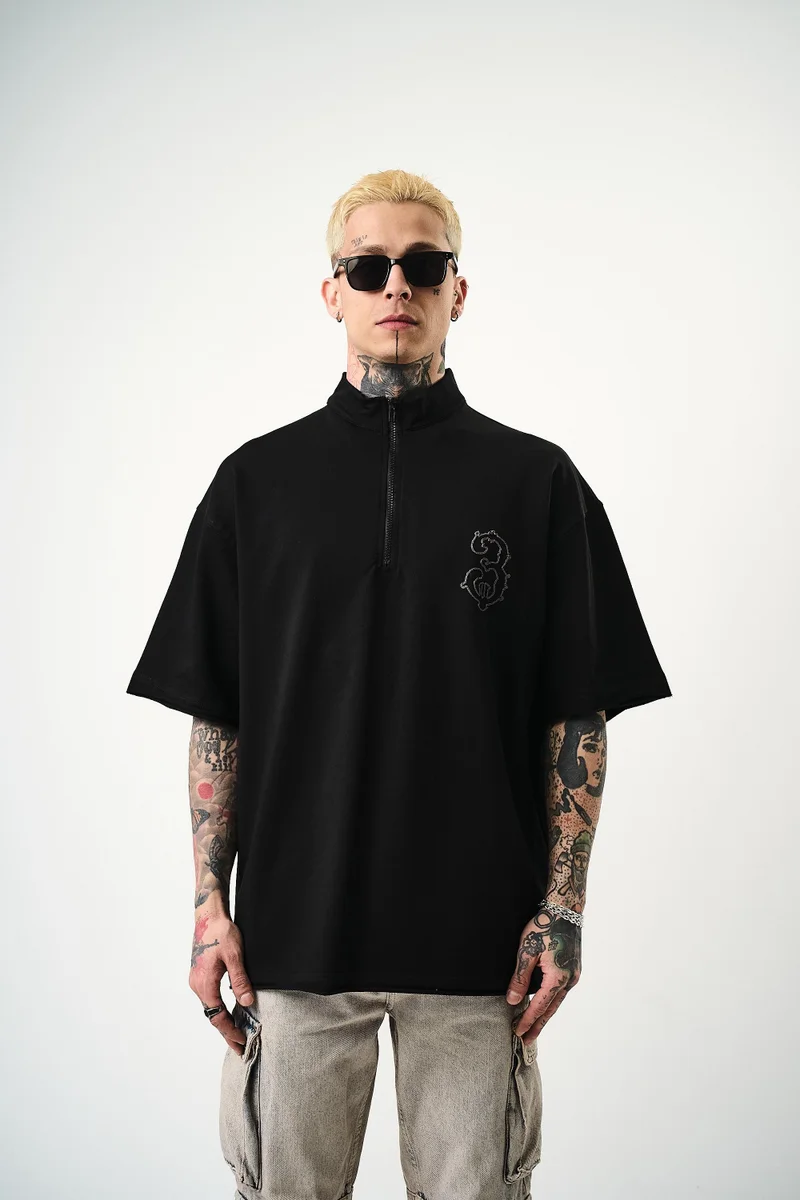 RESPIRE Men's 3 Embroidered Half-Zip Oversize T-Shirt Black