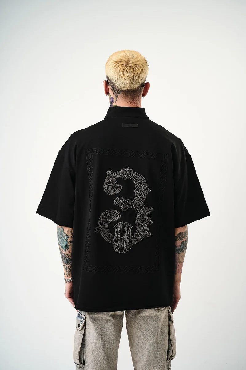 RESPIRE Men's 3 Embroidered Half-Zip Oversize T-Shirt Black