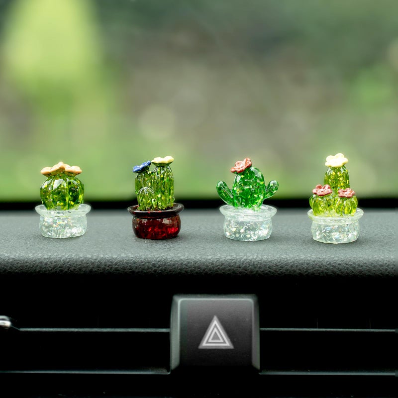 Rislobx Mini Crystal Cactus Car Dashboard Decorations, 4PCS Cute Cactus Rear View Mirror Screen Ornament Accessories for Home Office - Image 1
