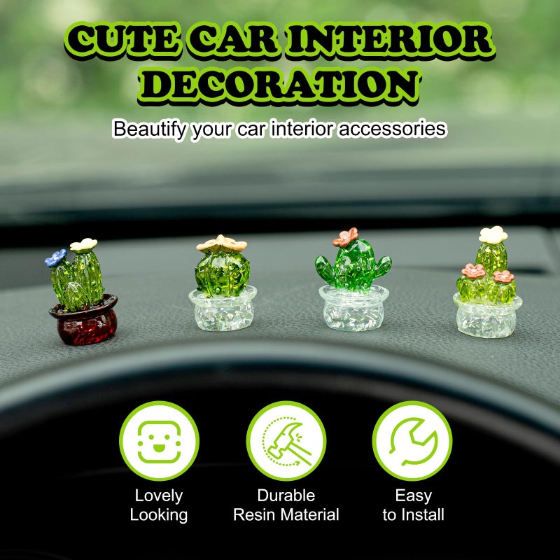 Rislobx Mini Crystal Cactus Car Dashboard Decorations, 4PCS Cute Cactus Rear View Mirror Screen Ornament Accessories for Home Office - Image 3