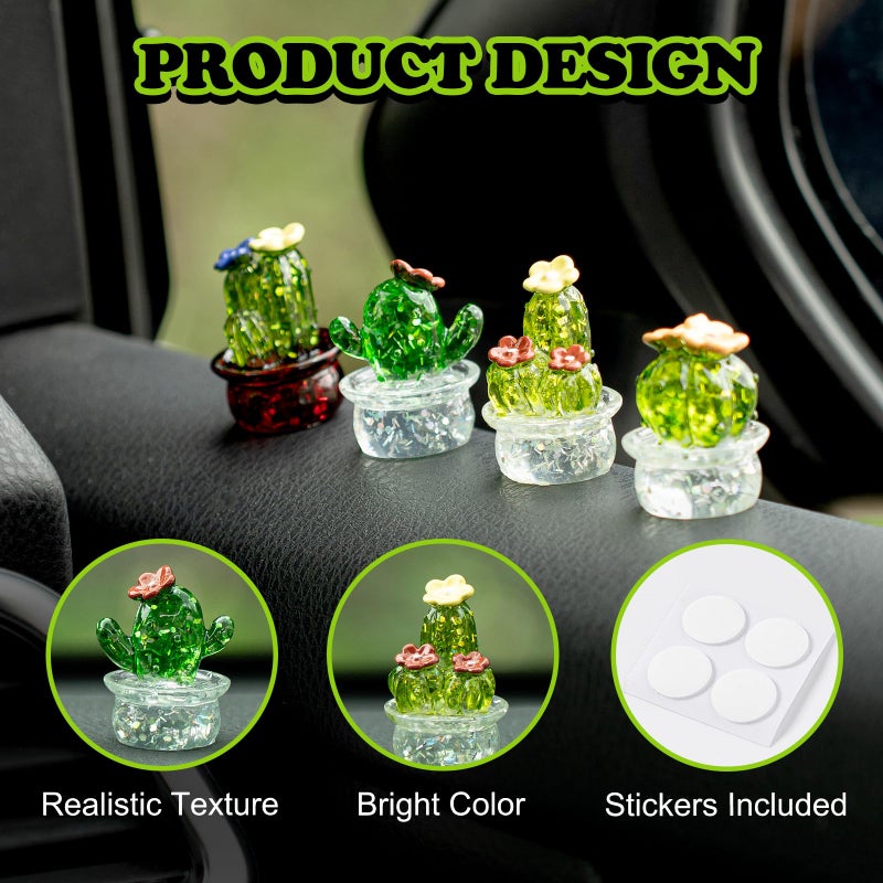 Rislobx Mini Crystal Cactus Car Dashboard Decorations, 4PCS Cute Cactus Rear View Mirror Screen Ornament Accessories for Home Office - Image 4