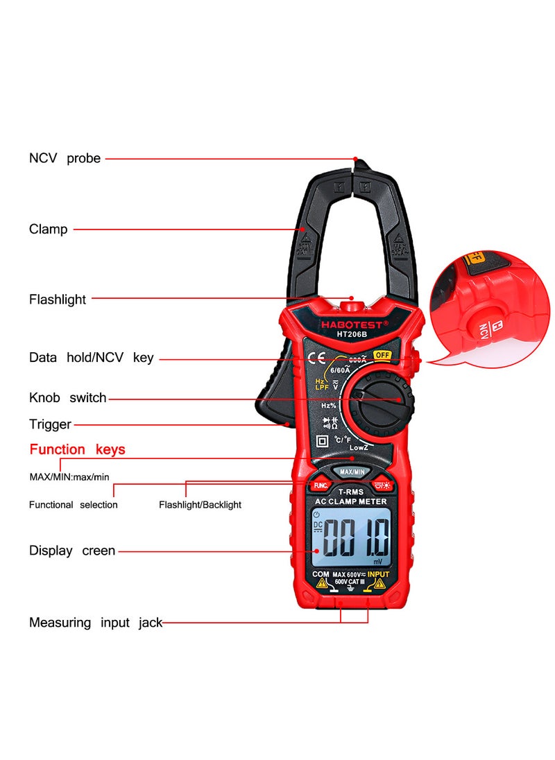 HABOTEST - AC/DC Digital Clamp Meter for Measuring AC/DC Voltage , AC/DC Current, Frequency, Duty Cycle, Diode, Resistance, Continuity, Transistors  Test, NCV Clamp Multimeter - Image 1