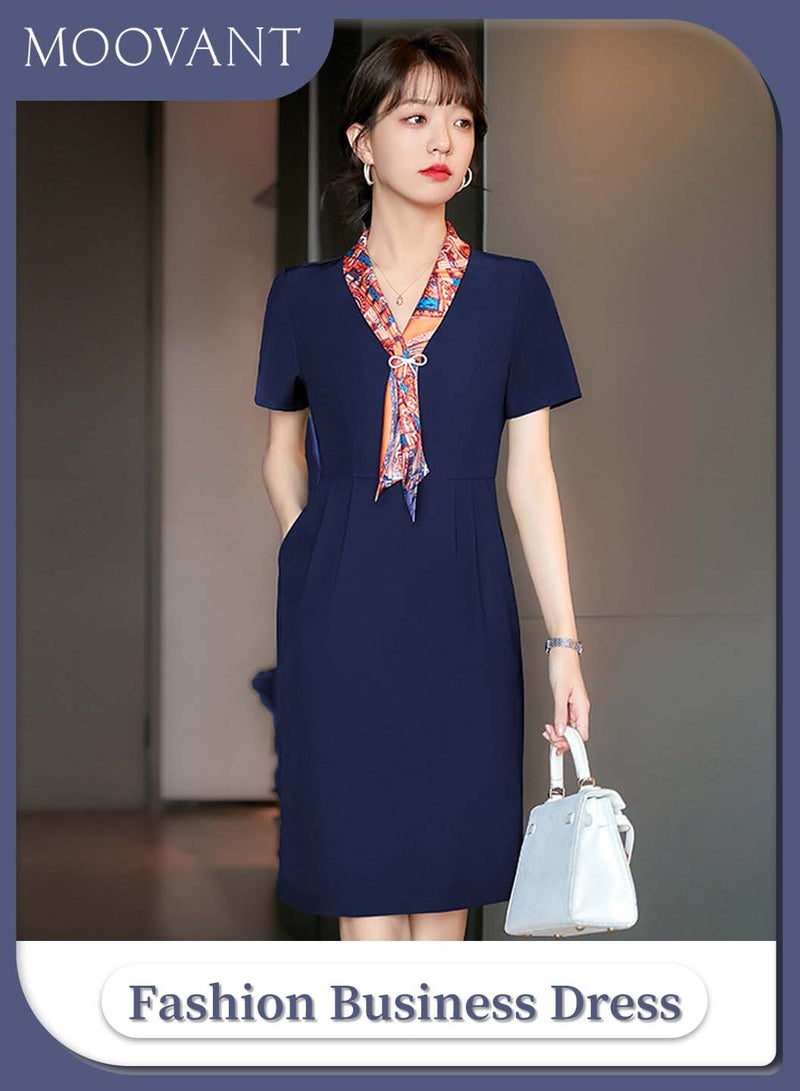 Moovant 2PCS Elegant Dress for Women, with Silk Scarf, Formal Dresses, Short-Sleeve V Neck Tunic Dress, with Pocket, Invisible Zipper, Ladies' Professional Overalls Dress, Dark Blue - Image 1