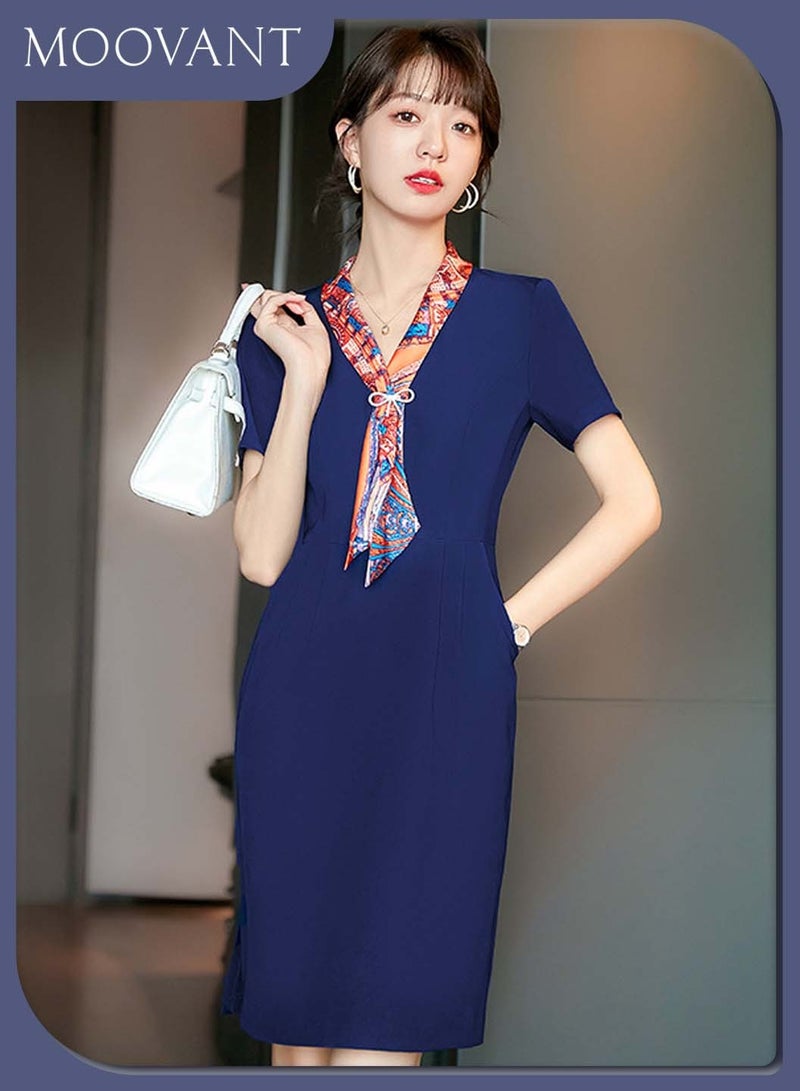Moovant 2PCS Elegant Dress for Women, with Silk Scarf, Formal Dresses, Short-Sleeve V Neck Tunic Dress, with Pocket, Invisible Zipper, Ladies' Professional Overalls Dress, Dark Blue - Image 2
