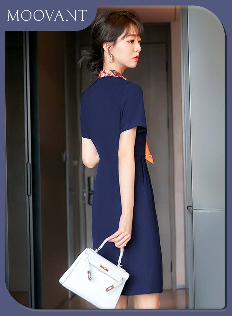 Moovant 2PCS Elegant Dress for Women, with Silk Scarf, Formal Dresses, Short-Sleeve V Neck Tunic Dress, with Pocket, Invisible Zipper, Ladies' Professional Overalls Dress, Dark Blue - Image 3