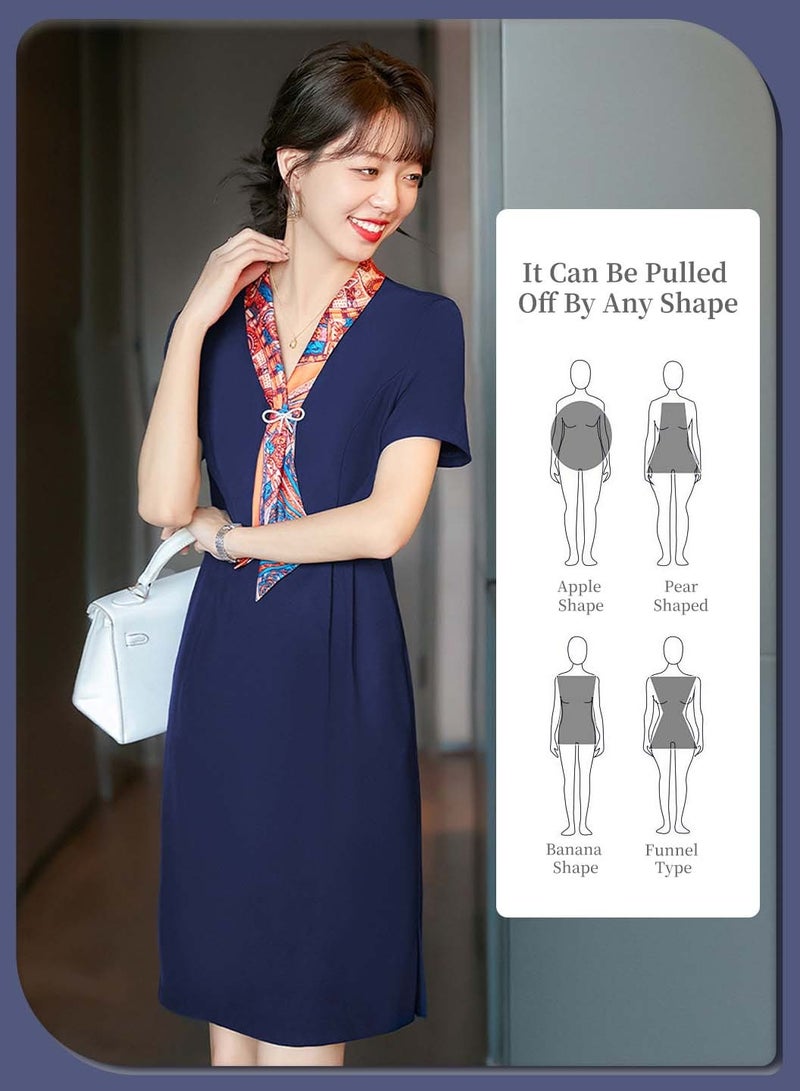 Moovant 2PCS Elegant Dress for Women, with Silk Scarf, Formal Dresses, Short-Sleeve V Neck Tunic Dress, with Pocket, Invisible Zipper, Ladies' Professional Overalls Dress, Dark Blue - Image 4