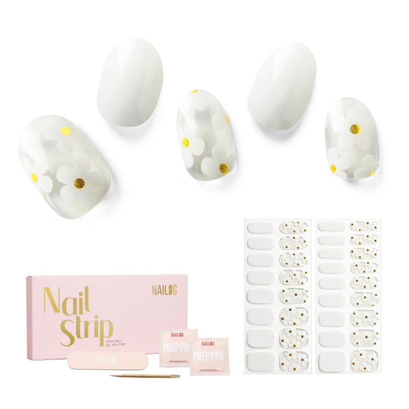 Nailog Semi Cured Gel Nail Strips 34 pcs  Long Lasting Nail Polish Sticker Wraps with Glossy Gel Finish  White Petals