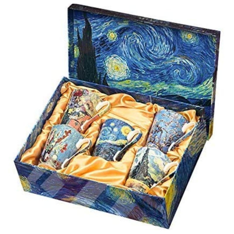 Van Gogh Bone China Set of 5 Large Mugs for Coffee and Tea With Gift Box 12 Ounce Art Coffee and Tea Mugs Set