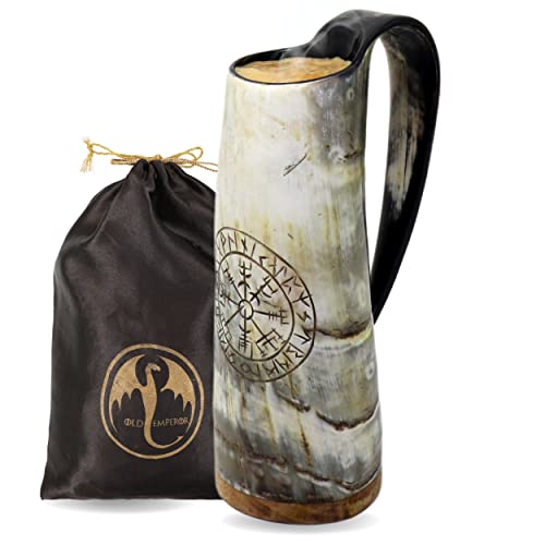 OLDEMPEROR Viking Drinking Coffee Mug- 12oz| Gifts for Men & Women| Real Ox Horn| Food Grade Medieval| Hot and Cold Liquids| Engraved Natural Shine Finish (Compass) - Image 1