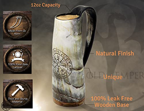OLDEMPEROR Viking Drinking Coffee Mug- 12oz| Gifts for Men & Women| Real Ox Horn| Food Grade Medieval| Hot and Cold Liquids| Engraved Natural Shine Finish (Compass) - Image 3