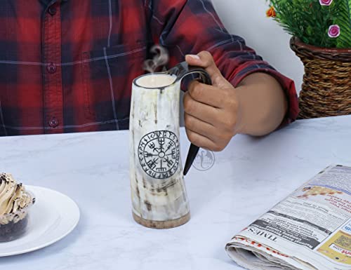 OLDEMPEROR Viking Drinking Coffee Mug- 12oz| Gifts for Men & Women| Real Ox Horn| Food Grade Medieval| Hot and Cold Liquids| Engraved Natural Shine Finish (Compass) - Image 2