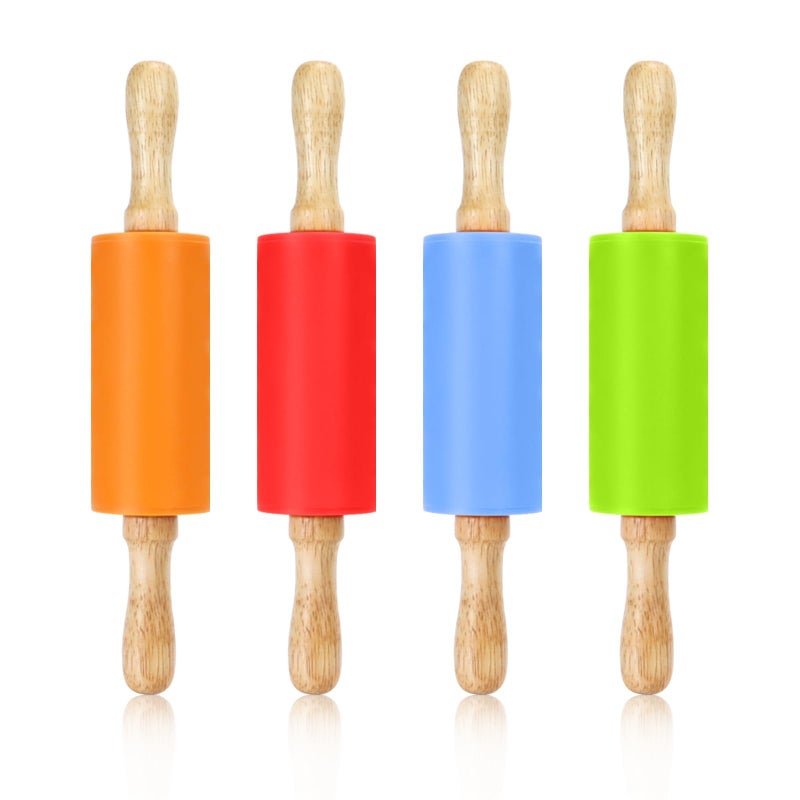 Faxco 4 Pack Mini Rolling Pin for Kids, 9 Inch Wooden Handle Rolling Pin Non-Stick Silicone Rolling Pins for Children Cake Baking - Image 1