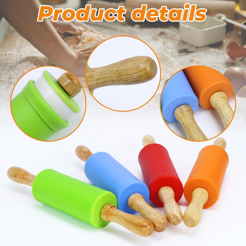 Faxco 4 Pack Mini Rolling Pin for Kids, 9 Inch Wooden Handle Rolling Pin Non-Stick Silicone Rolling Pins for Children Cake Baking - Image 3