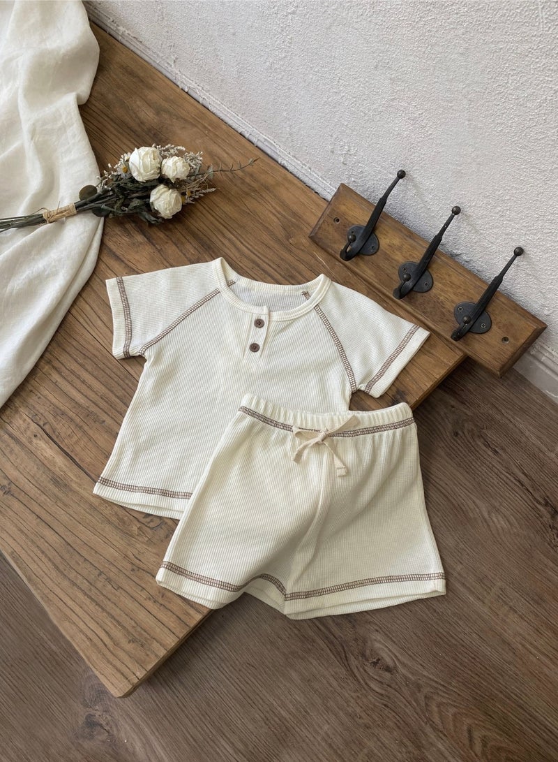 Baby soft breathable cotton short-sleeved T-shirt + shorts Beige two-piece set - Image 1
