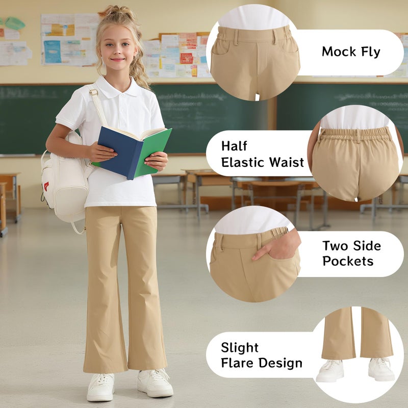 Dreammonkey Girls Flare Dress Pants Kids Bootcut School Uniform Slacks with Half Elastic Waist Size 6-15 Yearsï¼ˆKhaki 14-15yearsï¼‰ - Image 4