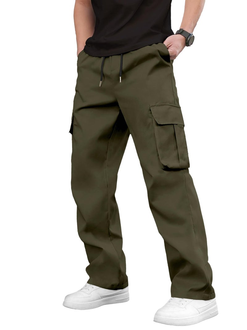 PLEPAN Men's Casual Cargo Pants Drawstring Hiking Pants Workout Tactical Joggers Sweatpants for Men ArmyGreen Large - Image 2