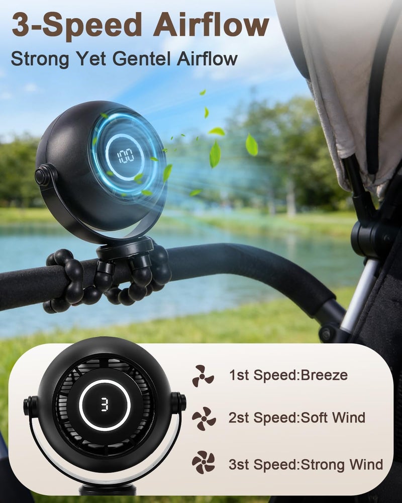 FIALAME Portable Stroller Fan Rechargeable,4000mAh Mini Clip On Fan with Flexible Tripod,3 Speeds, LED Display,360° Rotate,Small Portable Fan for Stroller,Car Seat,Travel,Treadmill,Stroller Accessories - Image 2
