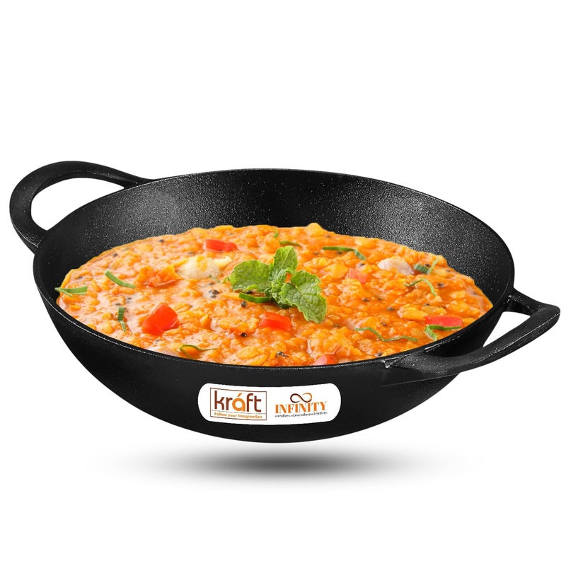 Kraft- follow your imagination Infinity Pre-Seasoned Cast Iron Kadhai with Strong Handles - 24 Cm,2.2 Litre,9.4 Inch/Gas&Induction Base/Non-Stick,100% Pure&Toxin-Free,Chemical Free -Black - Image 1