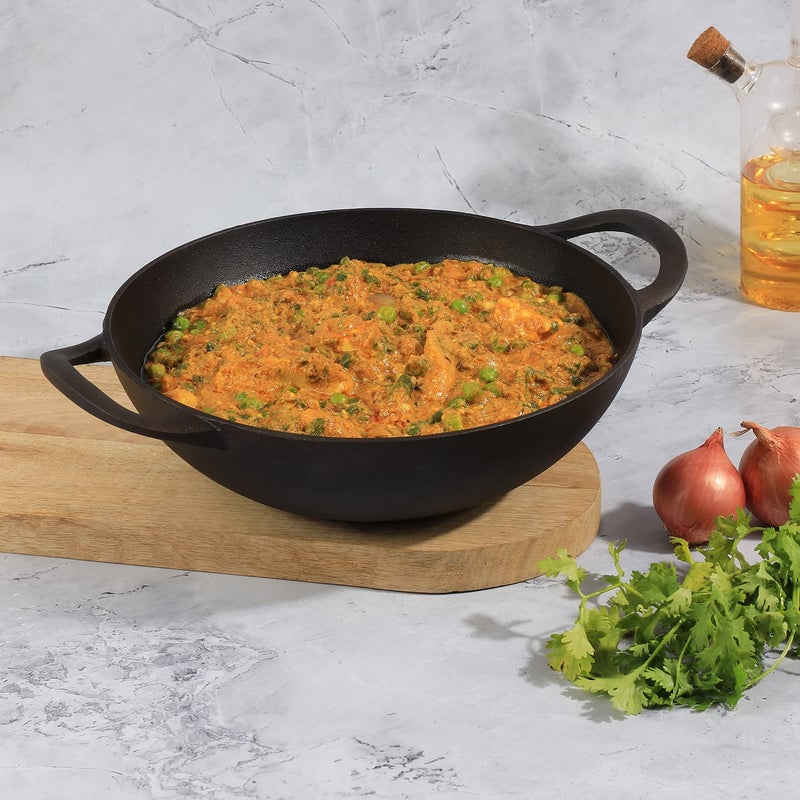 Kraft- follow your imagination Infinity Pre-Seasoned Cast Iron Kadhai with Strong Handles - 24 Cm,2.2 Litre,9.4 Inch/Gas&Induction Base/Non-Stick,100% Pure&Toxin-Free,Chemical Free -Black - Image 2