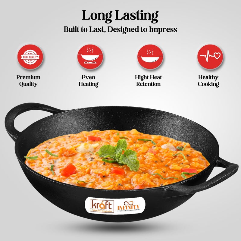 Kraft- follow your imagination Infinity Pre-Seasoned Cast Iron Kadhai with Strong Handles - 24 Cm,2.2 Litre,9.4 Inch/Gas&Induction Base/Non-Stick,100% Pure&Toxin-Free,Chemical Free -Black - Image 5