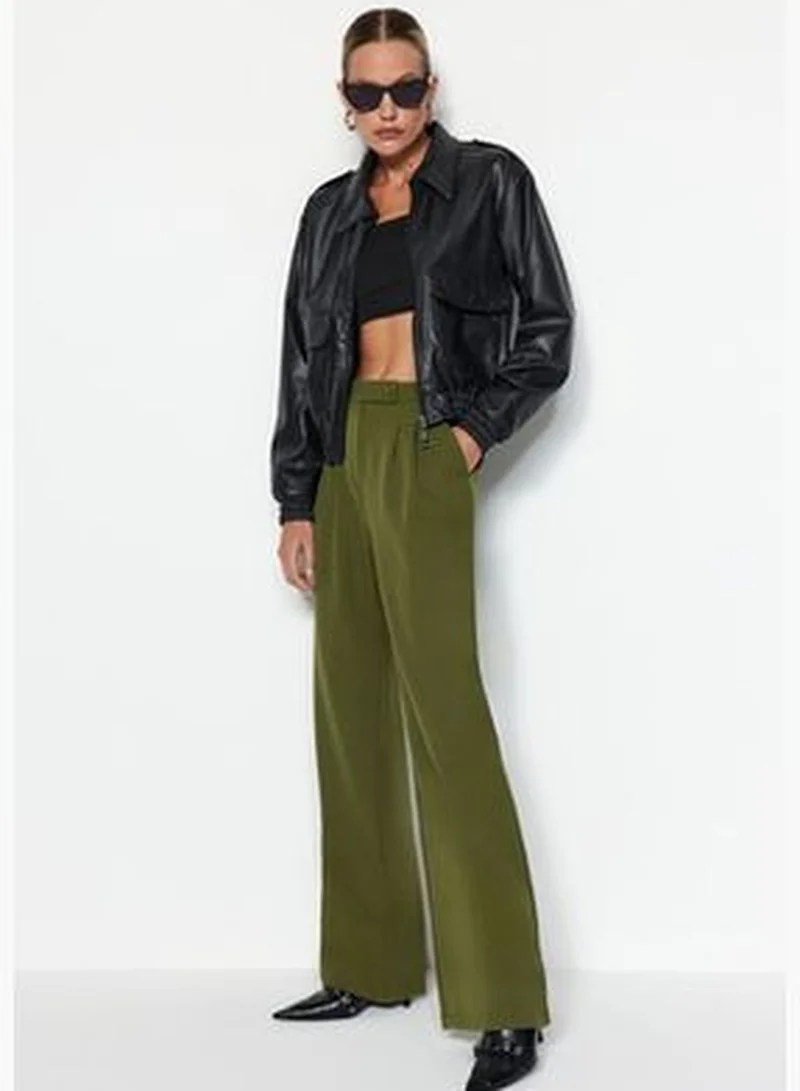 trendyol Dark Khaki Wide Leg Wide Leg High Waist Weave Trousers TWOAW22PL0066