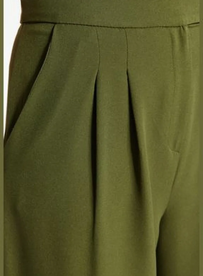 trendyol Dark Khaki Wide Leg Wide Leg High Waist Weave Trousers TWOAW22PL0066