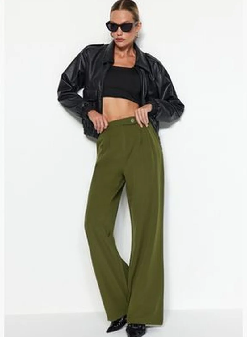 trendyol Dark Khaki Wide Leg Wide Leg High Waist Weave Trousers TWOAW22PL0066