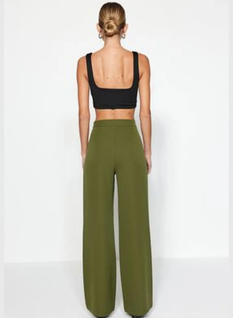 trendyol Dark Khaki Wide Leg Wide Leg High Waist Weave Trousers TWOAW22PL0066