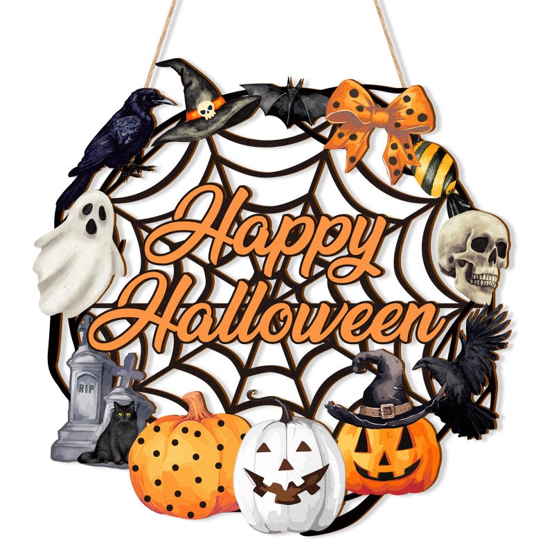 Halloween Decoration Wooden Ghost Door Halloween Wreath for Front Door Sign Wall Signs Decor Pumpkin Black Cat Wreaths Sign Hanging for Home Wall Decor Outdoor Indoor Farmhouse Party Supply