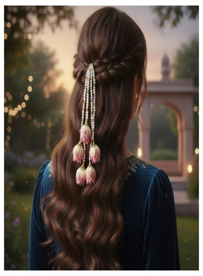 MILAPARK CRAFTS Premium Floral Lotus Hair Accessory with Pearl Beads | Elegant Pink Bud Gajra | Traditional South Indian Style Hair Jewelry for Festive Hairstyles - Image 5