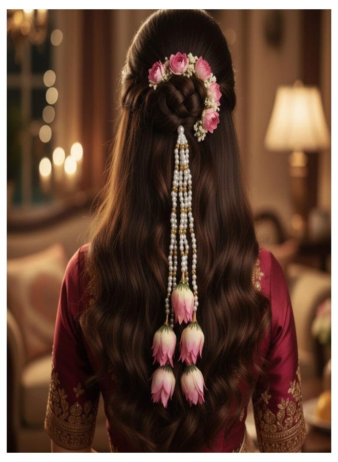 MILAPARK CRAFTS Premium Floral Lotus Hair Accessory with Pearl Beads | Elegant Pink Bud Gajra | Traditional South Indian Style Hair Jewelry for Festive Hairstyles - Image 4
